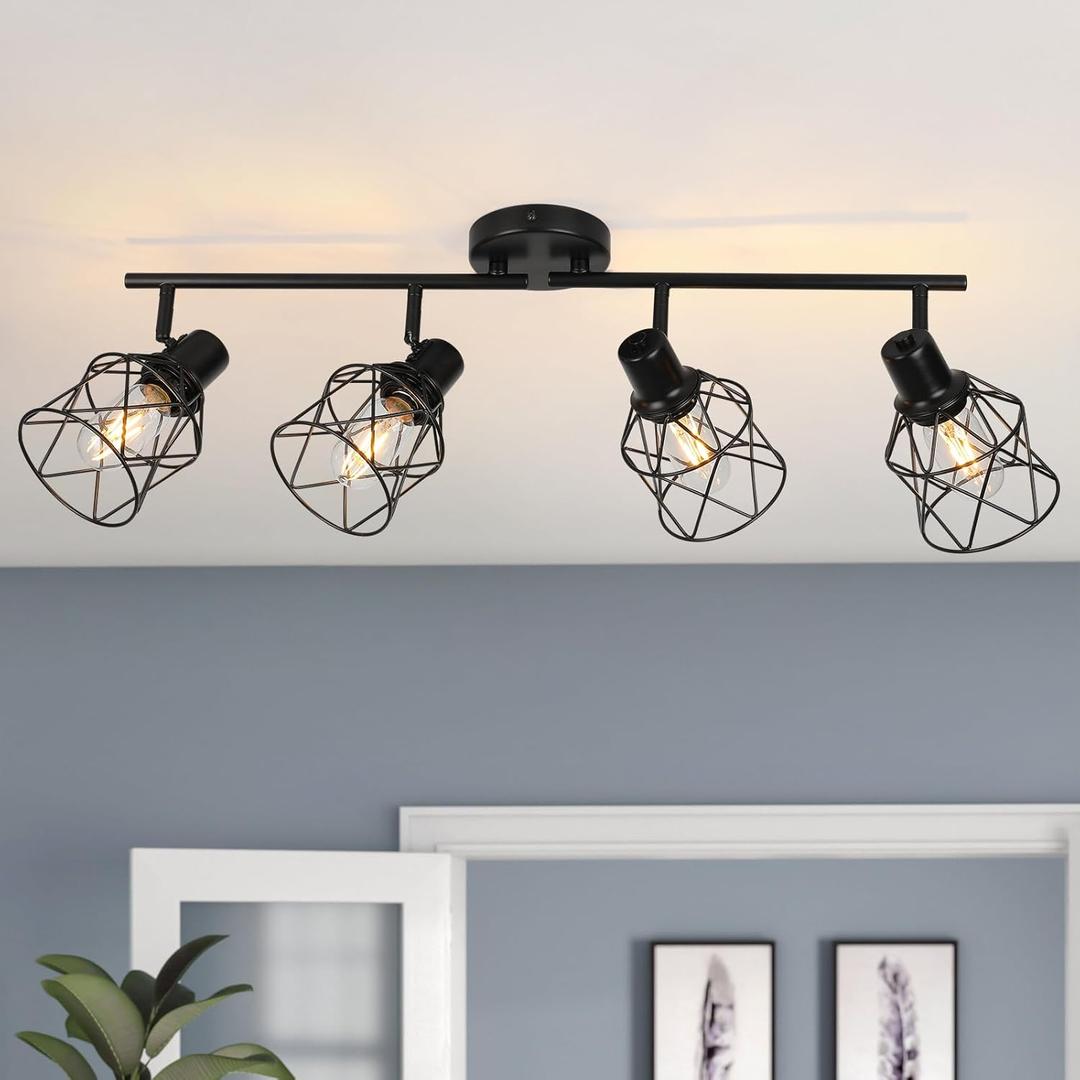 WILON Track Lighting Fixtures Ceiling 4-Light Flush Mount Ceiling Spot Lights, Industrial Track Light Black Kitchen Light Fixtures Rotatable Spotlight for Kitchen Hallway Living Room (E26 Base)