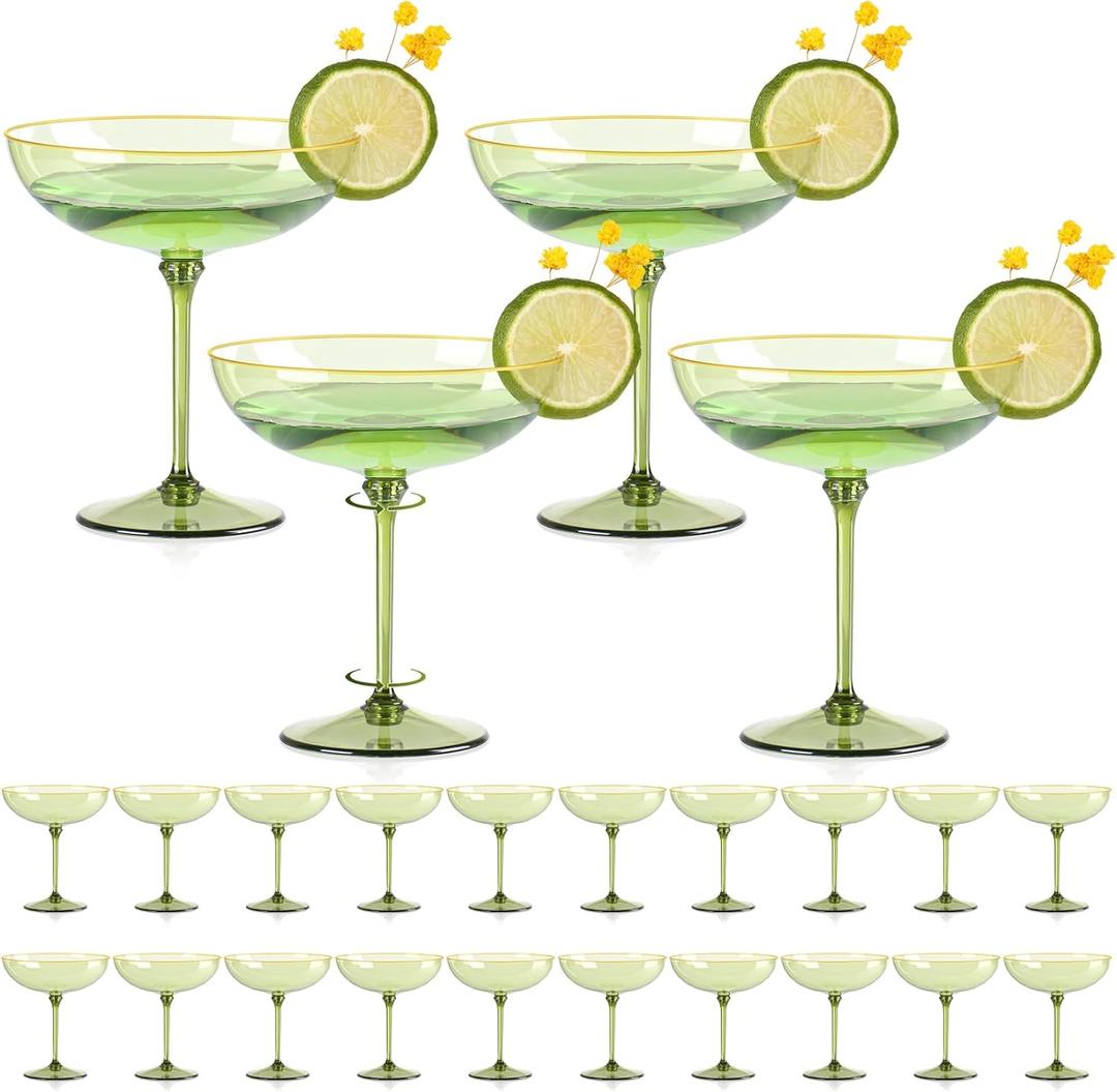 24 PCS Plastic Coupe Glasses 9 oz Sage Green Detachable Gold Rim Martini Glass Espresso Champagne Cocktail Cups Disposable Vintage Margarita Glassware for Christmas Bridal Wedding Baby Shower
