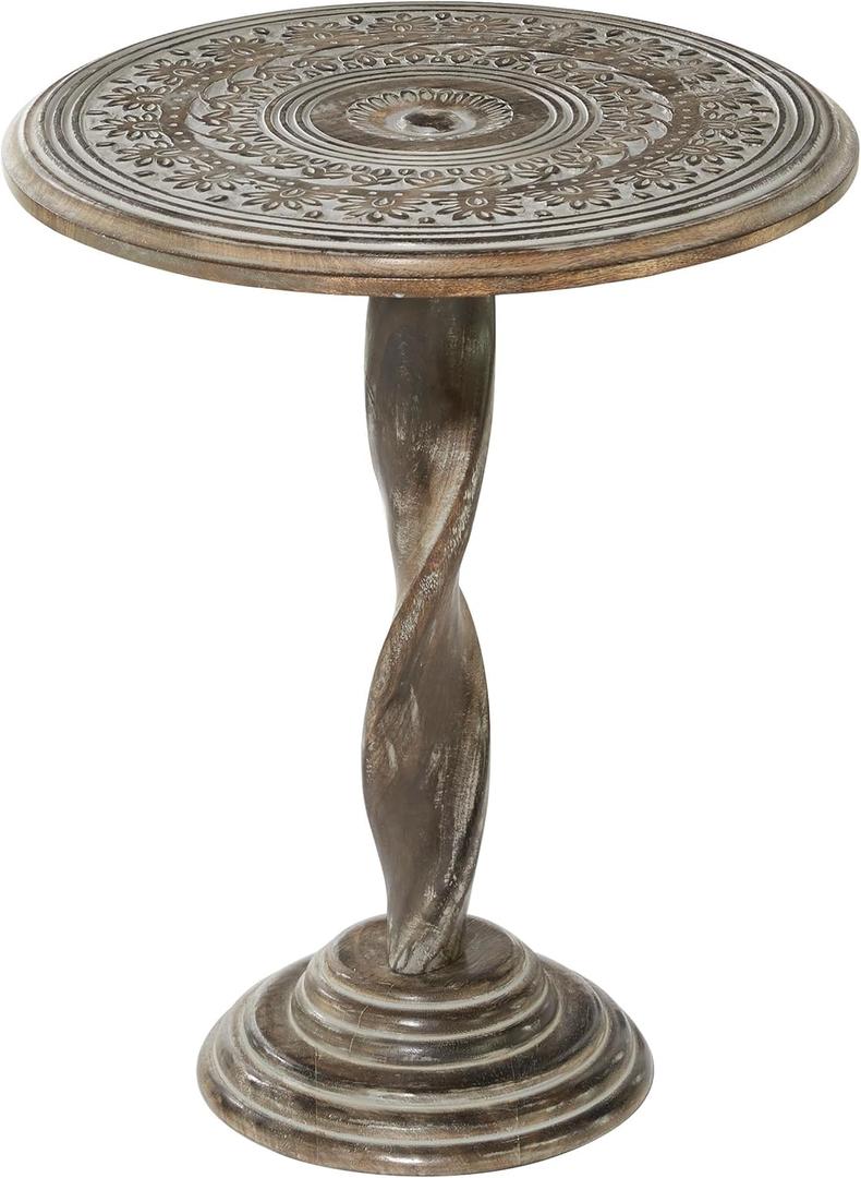 Deco 79 Mango Wood Floral Handmade Intricately Carved Accent Table with Spiral Leg and Gray Distressing, 18" x 18" x 22", Brown