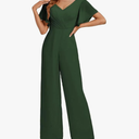Zoghoo V Neck Formal Jumpsuits for Women Wedding High Waist Long Wide Leg Pants Short Sleeve Rompers with Pockets, (Emerald Green, X-Small)