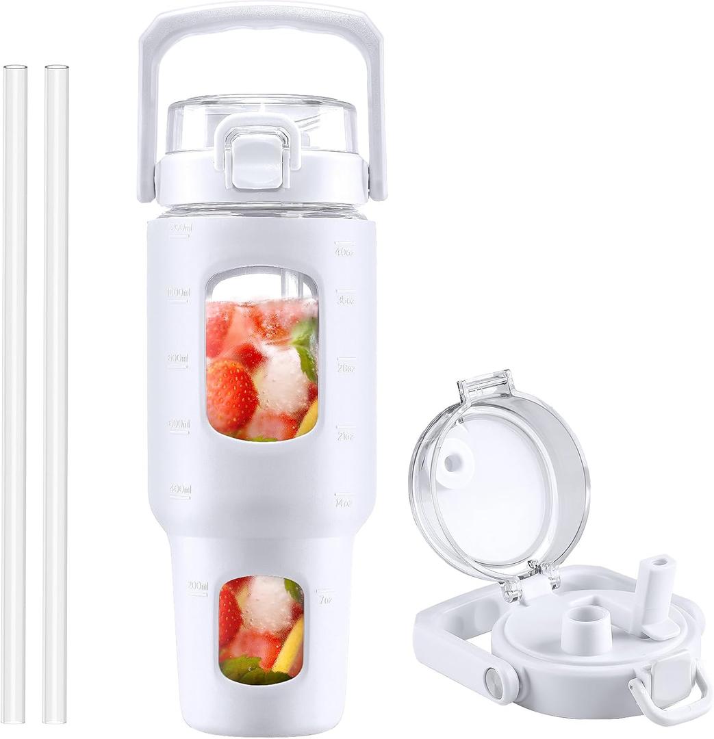 BLUEGO 40 oz Glass Water Bottle with Straw, Leakproof and Time Marker, Wide Mouth for Travel, Gym and Workout, White