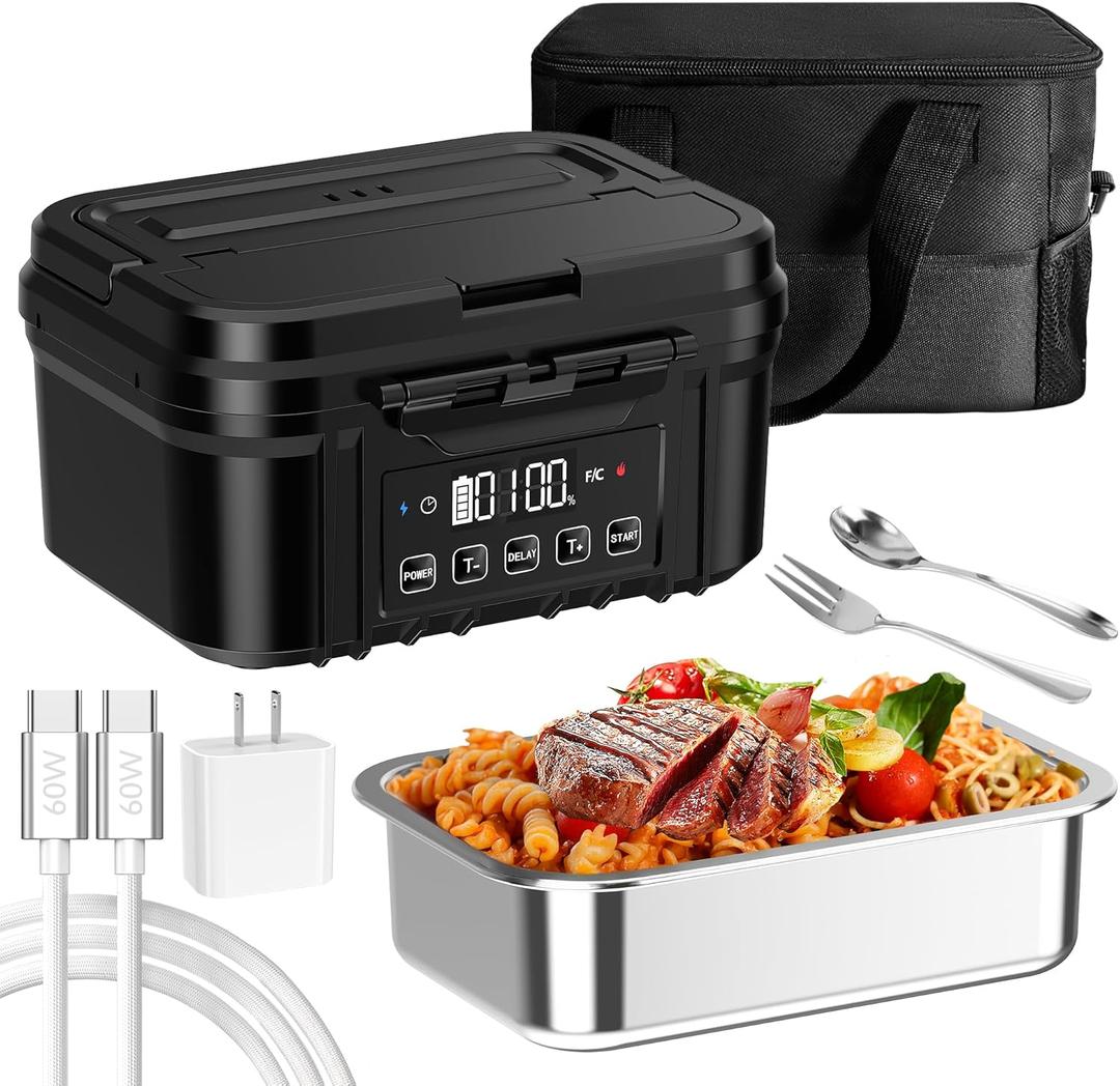 Cordless Electric Lunch Box for Adults  Battery-Powered Heated Lunch Box with 1.2L Stainless Steel Container, Timer Function, and Leak-Proof Food Warmer for Work, Travel & Office (Black)