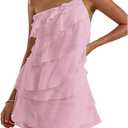 SOLY HUX Women's Mini Dress One Shoulder Ruffle Mesh Dresses Layered Backless Vacation Party Sundresses Size L