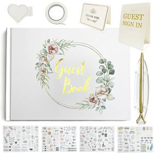 Guest Book and Pen Stand Set, Polaroid Sign in Book for Weddings, Parties, Baby Showers, 9 6.7 Blank or Lined Pages (Lined, Green)