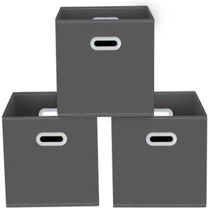 Yunkeeeper storage bins Cubes, Fabric Cube Organizer with Handle, Foldable Cube Bins for Cloth or Accessary Storage, 11x11x11, Set of 3,(Gray)