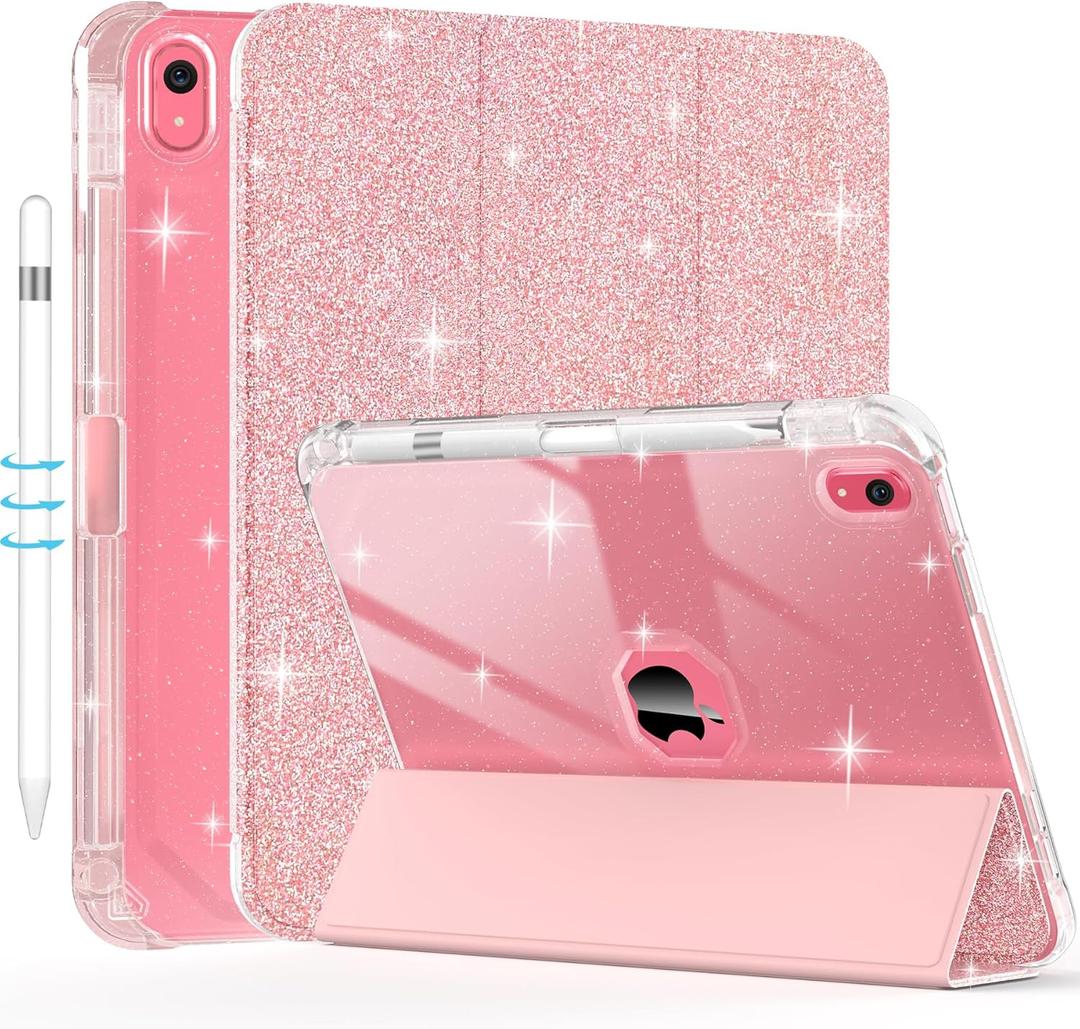 Case for iPad (A16) 11th Generation 2025 11-inch/10th Generation 2022 10.9 inch with Pencil Holder, Sparkle Glitter Leather Trifold Stand Magnetic Smart Cover, Auto Wake/Sleep (Rose Gold)