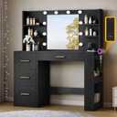 DWVO Vanity Desk with Mirror, Power Outlet and 10 Lights, Big Vanity Makeup Table with 4 Drawers and 8 Open Storage Shelves, 3 Color Modes Adjustable Brightness for Bedroom, Black