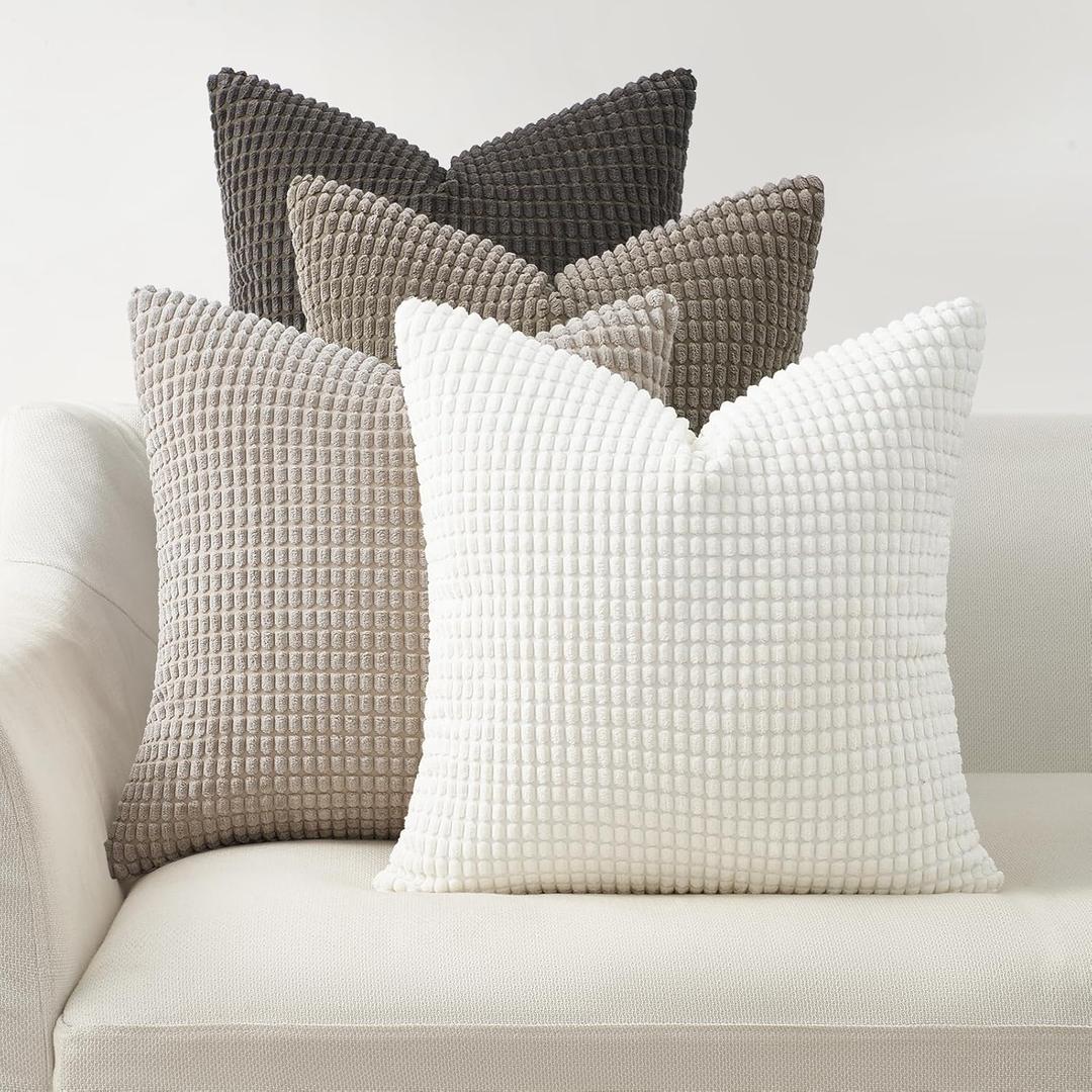 Neutral Grey Throw Pillows Covers for Couch Living Room,Boho Corduroy Striped Grey Cushion Covers Holiday 4 Packs, Nordic Cushion Case-Vintage Fluffy Large Bedroom Shams 17x17 Inch Set of 4