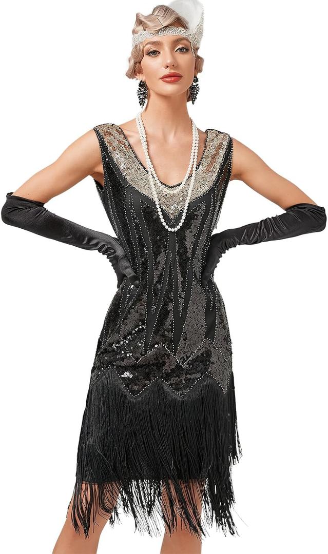 1920s Dresses for Women Gatsby Flapper Dresses 20s Vintage Sequins Fringed Cocktail Dress (Medium, Black+gold)