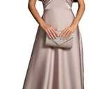 Women's Off The Shoulder Satin Maxi Dress, Elegant Twist Front Ruched Formal Evening Gown for Party (Beige, XL)