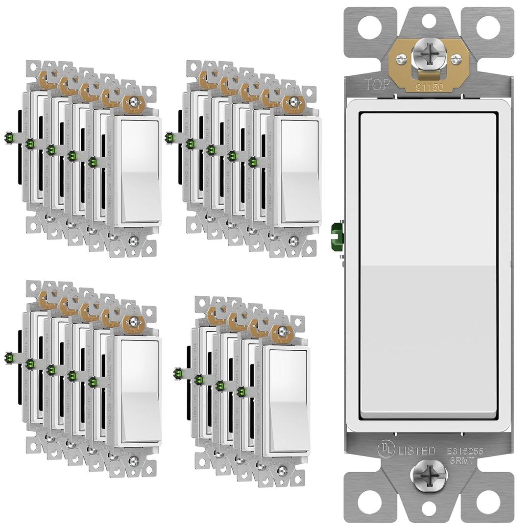 Enerlites Light Switch On/Off Paddle Wall Switch 91150-W | 15 Amp, 120V/277V, AC, Single Pole, 3 Wire, Grounding Screw, Residential and Commercial Graded Light Switch, UL Listed | White - 20 Pack (Wall Plate Not Included)