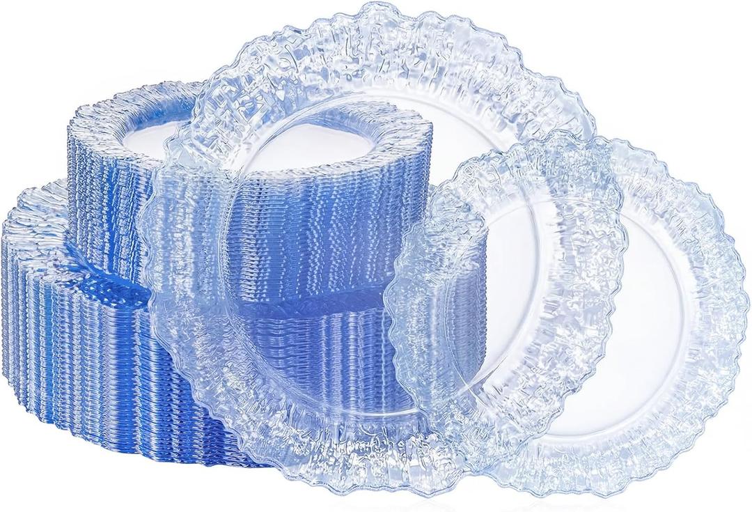 I00000 60 Pcs Blue Plastic Plates, Clear Blue Disposable Party Plates, Premium Plastic Plate Disposable Include 30 Dinner Platos 10" & 30 Dessert Platos 7" Perfect for Wedding & Party