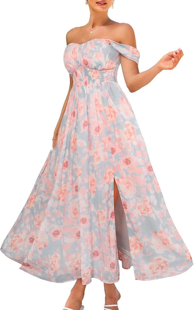 GRACE KARIN Summer Floral Dress for Women 2026,Off The Shoulder Smocked Bridesmaid Dresses,Formal Baby Shower Maxi Dresses (Large, Light Blue Pink)