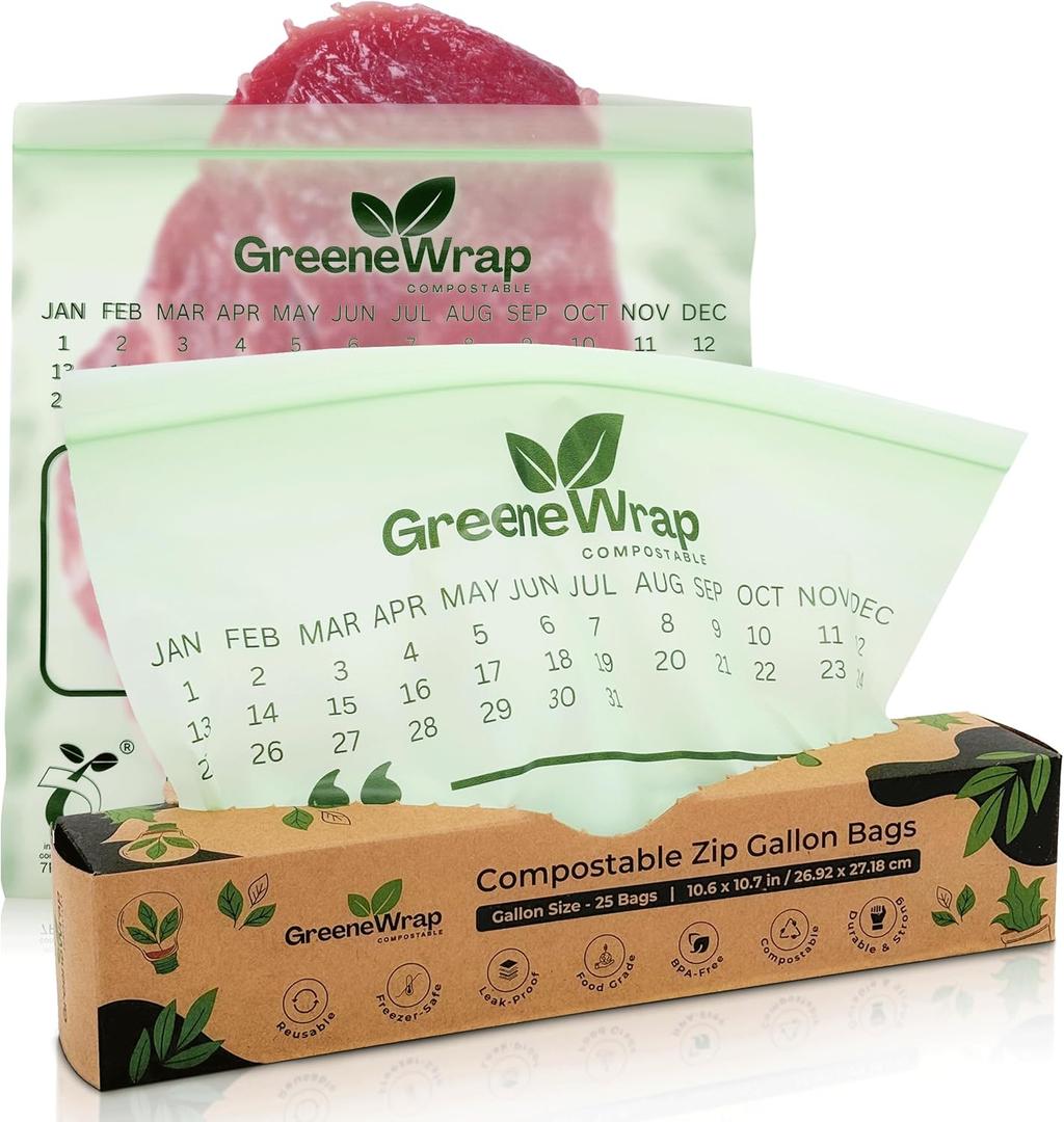 Compostable Gallon Size Zip Bags 25 Count Extra Thick 2 mil Resealable, Leak-Proof, Freezer Safe Disposable Food Storage Bags, BPI and OK Compost Home Certified, ASTM D6400