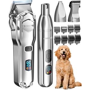 oneisall Dog Clippers for Grooming Thick/Heavy Coats, 4-in-1 Dog Grooming Kit Low Noise with Stainless Steel Blade, Cordless Dogs Paw Trimmer Pet Nail Grinder for Small & Large Dogs Cats Animals, Silver