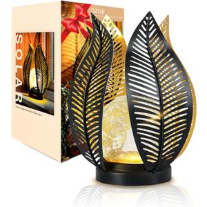 Solar Garden Lights Waterproof Decorations,Crackle Globe Glass,Metal Palm Leaf Solar Lights for Outdoor Decor On Garden,Patio,Yard,Front Porch,Tabletop Lamp-Perfect Gifts (golden/black)