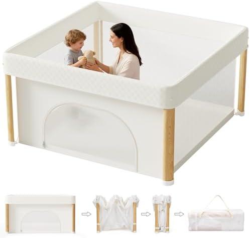 Cbcvvaer Foldable Baby Playpen, 59x59 Foldable Play Pen for Babies and Toddlers, Portable Playpen Indoor Outdoor, Kids Safety Area Travel Play Yard with Storage Bag White