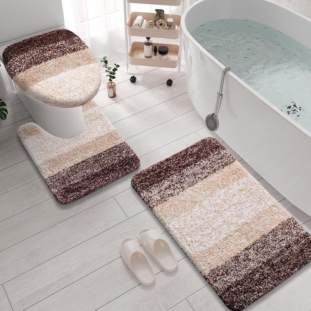 Arotive Microfiber Bathroom Rugs 3 Piece with Toilet Lid Cover, Shaggy Soft and Absorbent Bath Rug, Non-Slip, Machine Washable Bath Mats for Bathroom30x20+24x20+17.5x15, Brown