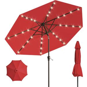 9FT Solar Umbrella 32 LED Lighted Patio Umbrella Table Market Umbrella w/Tilt and Crank, UV-Resistant Outdoor Umbrella for Pool, Garden, Deck, Red