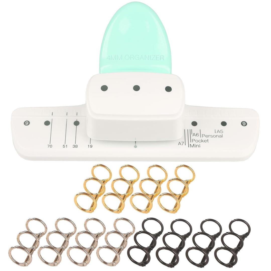 3-Hole Punch with 12PCS 3-Ring Metal Loose Leaf Binders for Binding A5, A6, A7, A8 and All Size Notebook, Travel Diary, Scrapbook & Photo Album (Green)