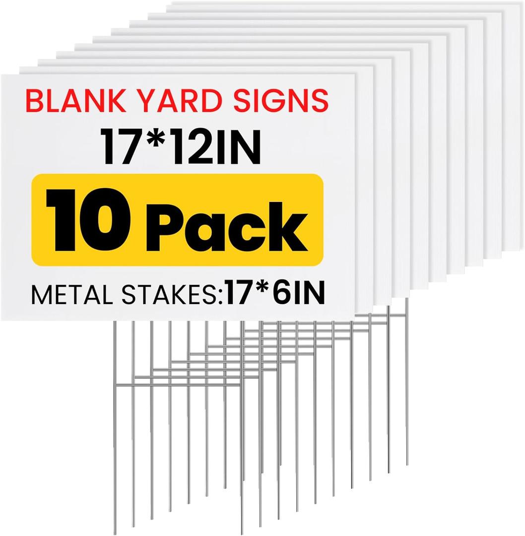 10 Pack Yard Signs with Metal Stakes, Custom Yard 17 x 12 Inches, Corrugated Plastic Board for Sale Sign Outdoor, Rent, Guidepost, Garage Sale Signs, Birthday Party