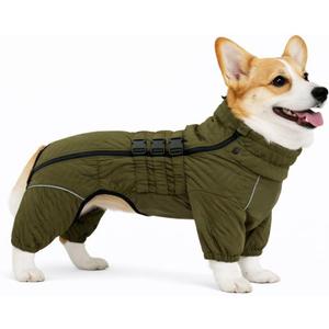 Warm Double Layers Dog Vest - 4 Legs Covered Windproof Waterproof Reflective Coat for Outdoor Skating - Costume for Corgis Dachshund - Olive D-M