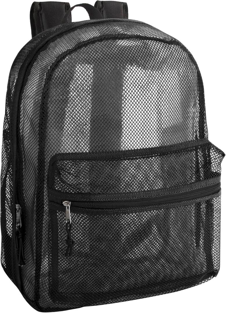 Transparent Mesh Backpacks for School Kids, Beach, Travel - Mesh See Through Backpack with Padded Straps Large (Black)