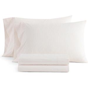 Martha Stewart - Queen Size Sheets Set, Crisp & Tailored Cooling Sheets with a Smooth Cotton Percale Lightweight Feel - Bed Sheets with Matching Pillowcases & Fitted Sheet (Ticking Stripe Pink)