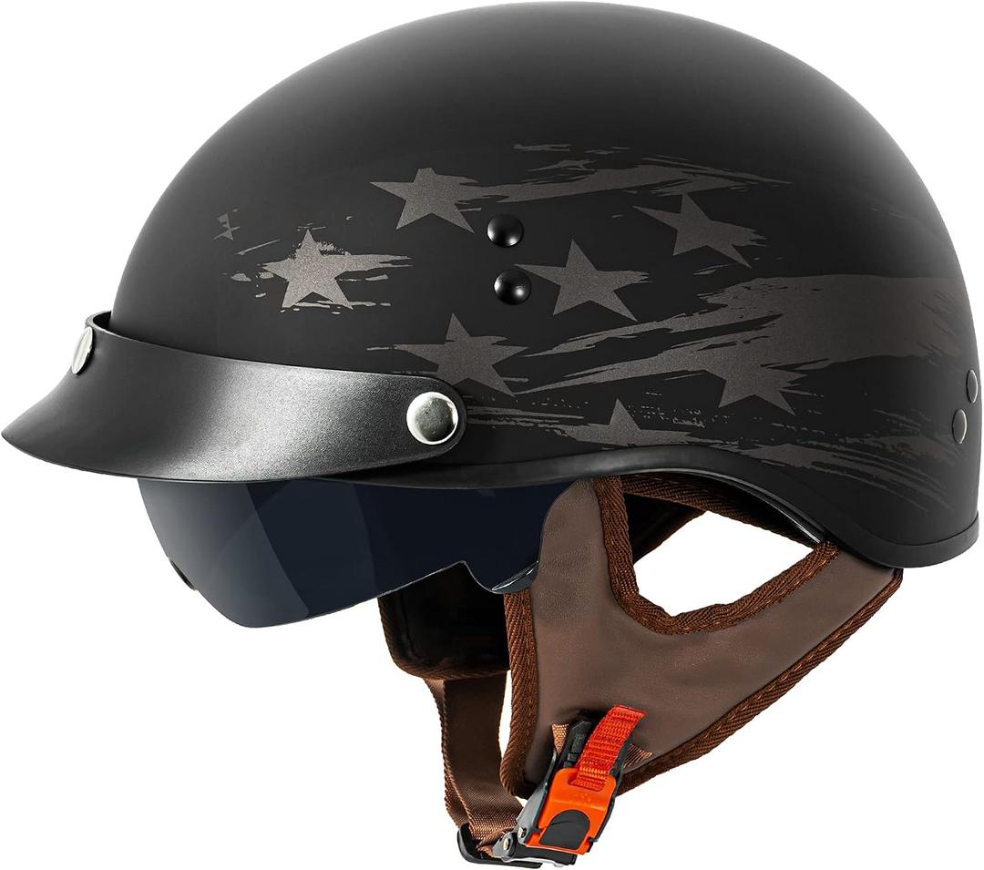 VCAN Cruiser Half Face Motorcycle Helmet with Drop-Down Sun Visor, Removable Peak and Quick Release Buckle (Black)