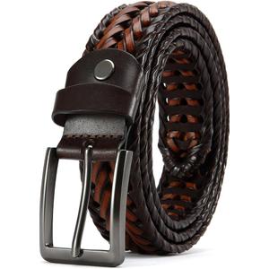 Leather Braided Belts Men Golf Belt 1 3/8" Woven Belt Casual Jeans Gift Box (42"-46"Waist Adjustable, Deep Brown)