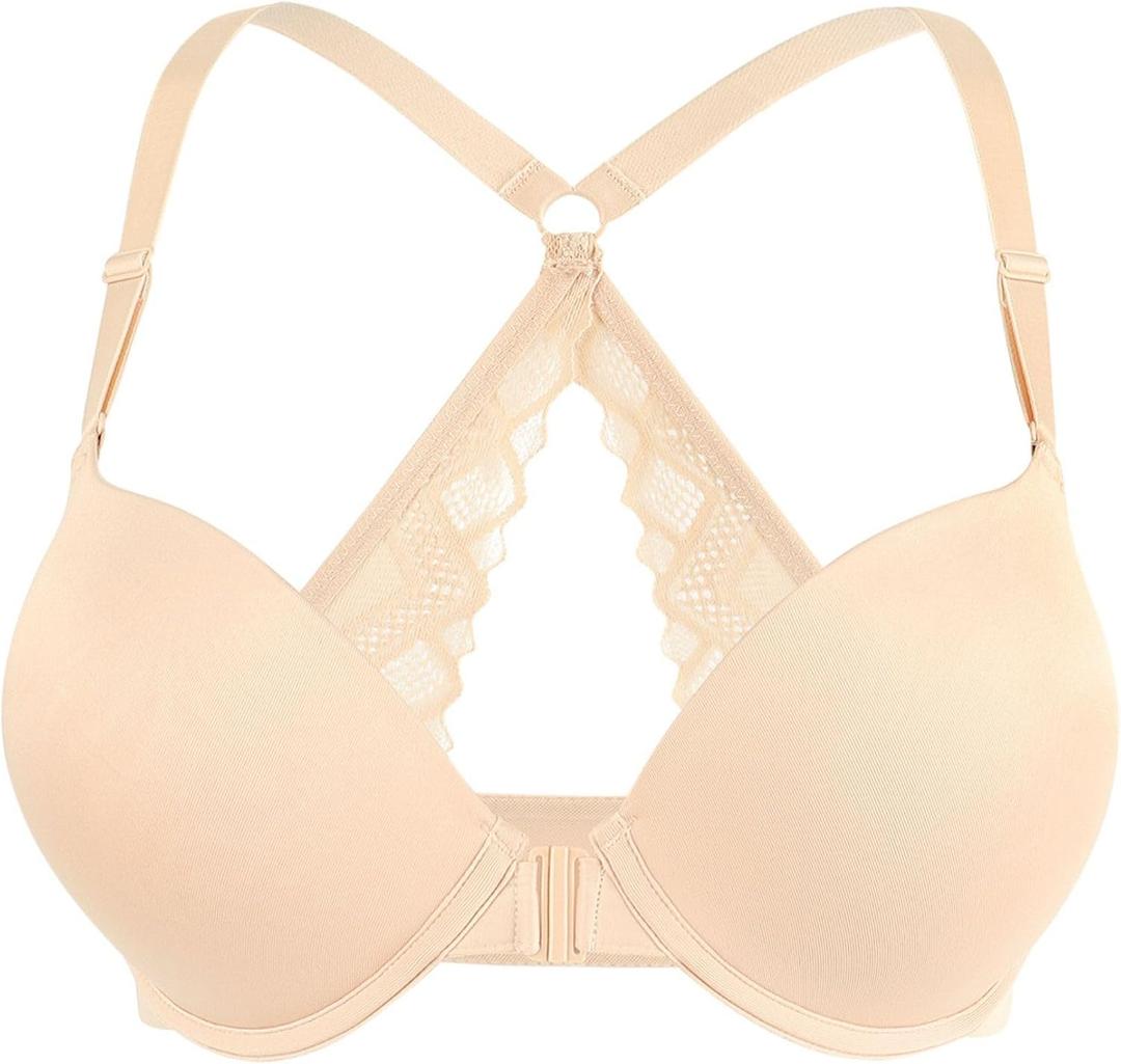 Upushall Women's Push Up Racerback Bra Front Closure Thick Padded Seamless Criss-Cross Back Underwire Bra Add Two Cup, 42A