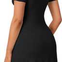 Rooscier Women's Ruched Lace Up Ruffle A Line Deep V Neck Short Sleeve Sexy Mini Dress (Black, S)