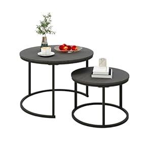 HAHRIR Modern Coffee Tables Set of 2 Round Wood End Tables with Metal Frame for Living Room and Small Space Coffee Nesting，Grey