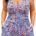 Plus Size Swim Romper Women One Piece Swimsuit Tummy Control Bathing Suit with Shorts Modest Full Coverage Swimwear,  XX-Large Plus, Orange Floral Print