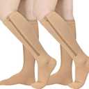 Athbavib 2 Pairs Zipper Compression Socks, 15-20 mmHg Closed Toe Compression Stocking with Zipper for Women and Men (Large-X-Large, Beige)