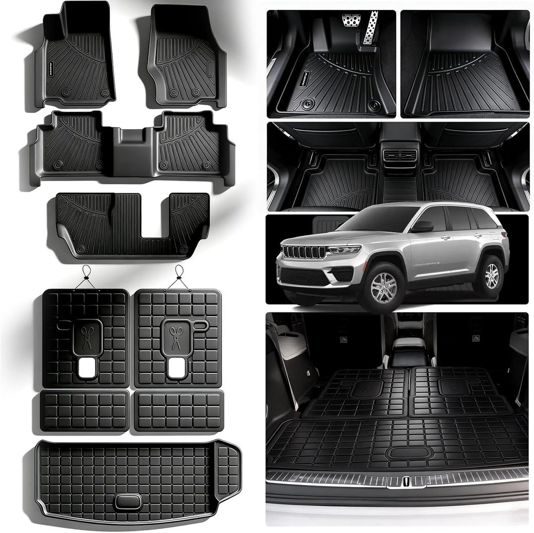 Floor Mats for 2021-2025 2026 Jeep Grand Cherokee L 7 Seats (2nd Row Bench Seats) & Cargo Mat & Backrest Mat,TPE All Weather Protection Car Full Set Mats Covering The Backrest Accessories