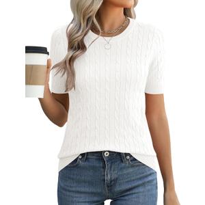 Micoson Womens Short Sleeve Cable Knit Sweater Tops Crewneck Lightweight Spring Summer Shirts Business Dressy Casual Outfits (White, S)