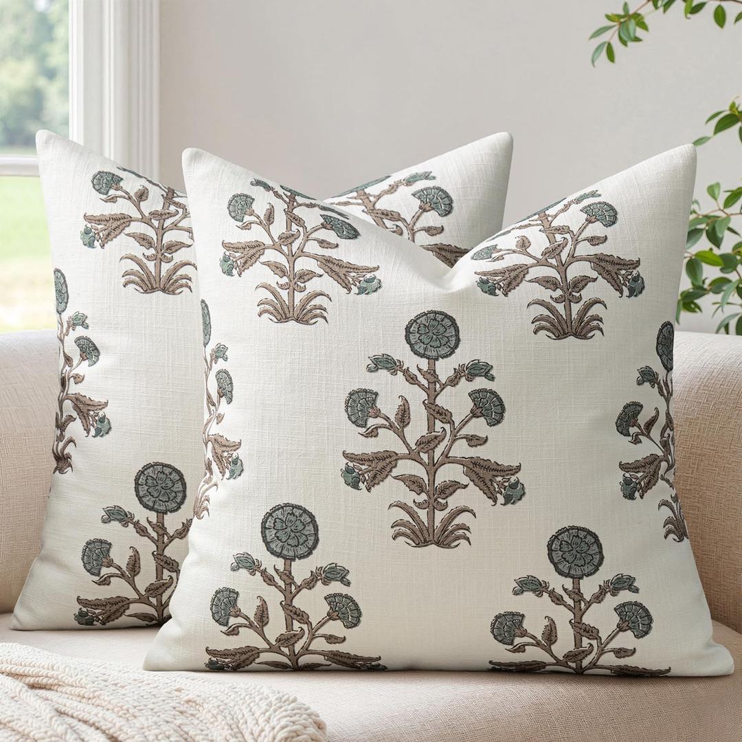 MIULEE Set of 2 Vintage Pillow Covers Neutral Decorative Floral Throw Pillows Block Print Boho Farmhouse Cushion Covers for Modern Rustic Home Decor Sofa Bed Living Room, 18 x 18 Inch, Brown Green