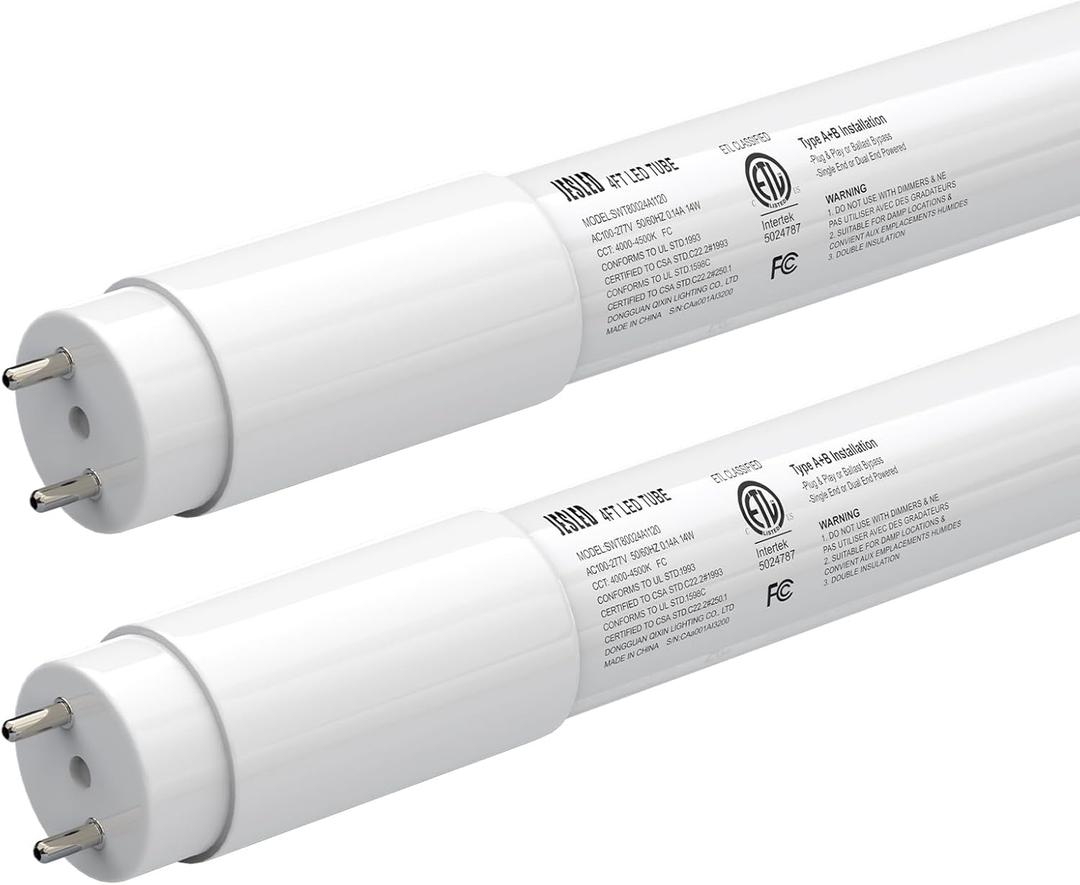 JESLED 2 Pack T8 LED Bulbs 4Foot, 14W 2450LM 5000K, Single or Double End Powered, Plug and Play or Ballast Bypass, Type A+B F32T8 or F40T12 Light Bulbs Replacement, Frosted