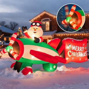 10.5 FT Animated Christmas Inflatables Santa Claus on Airplane, Santa Claus on Helicopter with Merry Christmas Banner, Xmas Blow Ups Outdoor Decorations for Yard Garden Lawn Holiday Home Party Decor