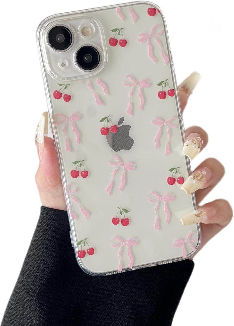 ZTOFERA for iPhone 14 Plus Case Clear,Cute Love Heart Ribbon Bow Tie Aesthetic Phone Case,Transparent Trendy Slim Soft Shockproof Protective Phone Cover for Women Girls,Peach Pink