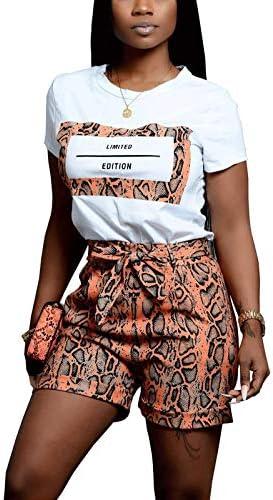 Akmipoem Women's Casual 2 Piece Shorts Outfits, Snakeskin Print T-Shirts Tops Short Tracksuits Set, 2 XL