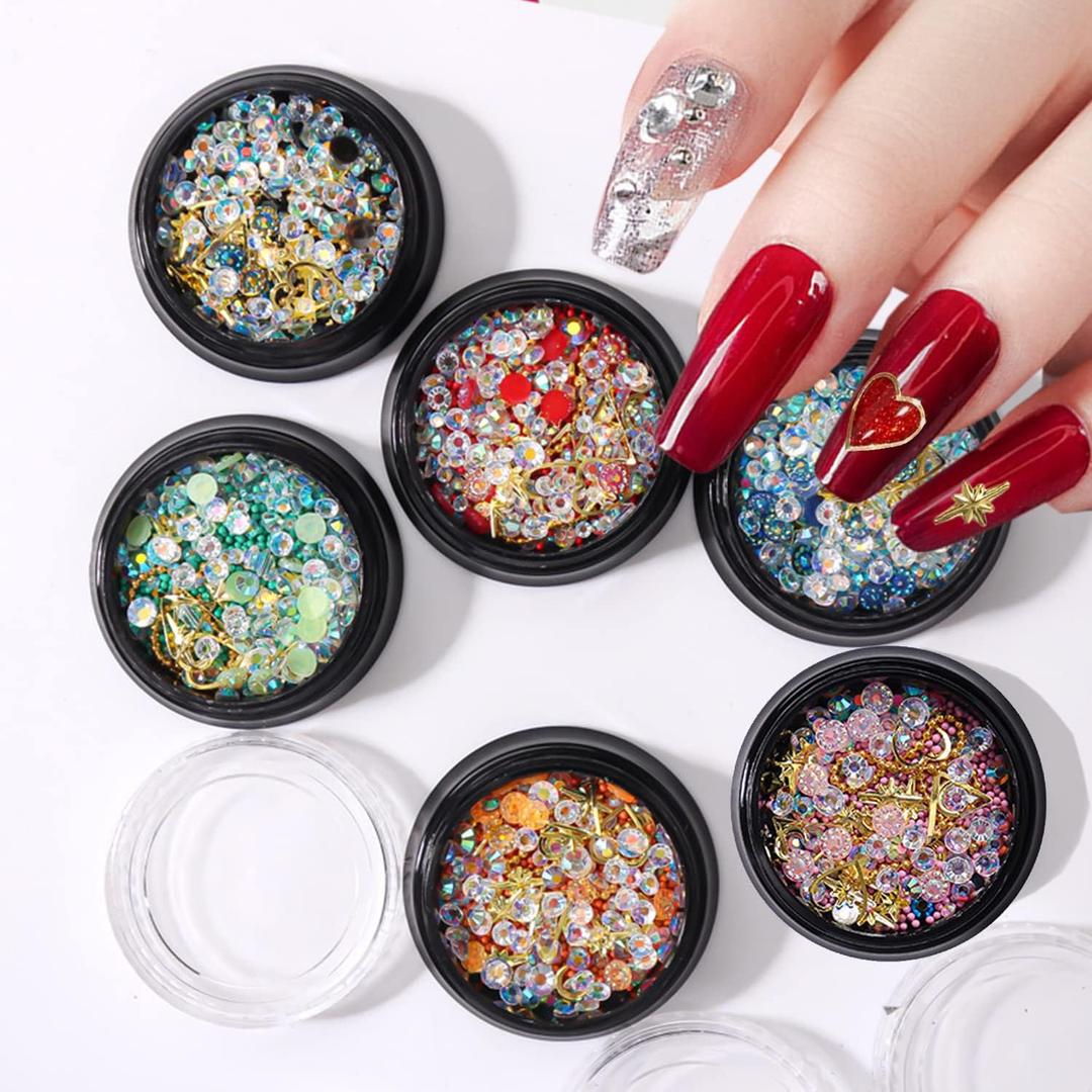 6 Colors Nail Caviar Beads, Mixed Micro Mini Metal Nail Beads Rivet Rhinestone Nail Art Design, 3D Glitter Stud Gem Crystal Bead Supplies for Women Girls Manicure Art DIY Resin Acrylic Nails Supplies