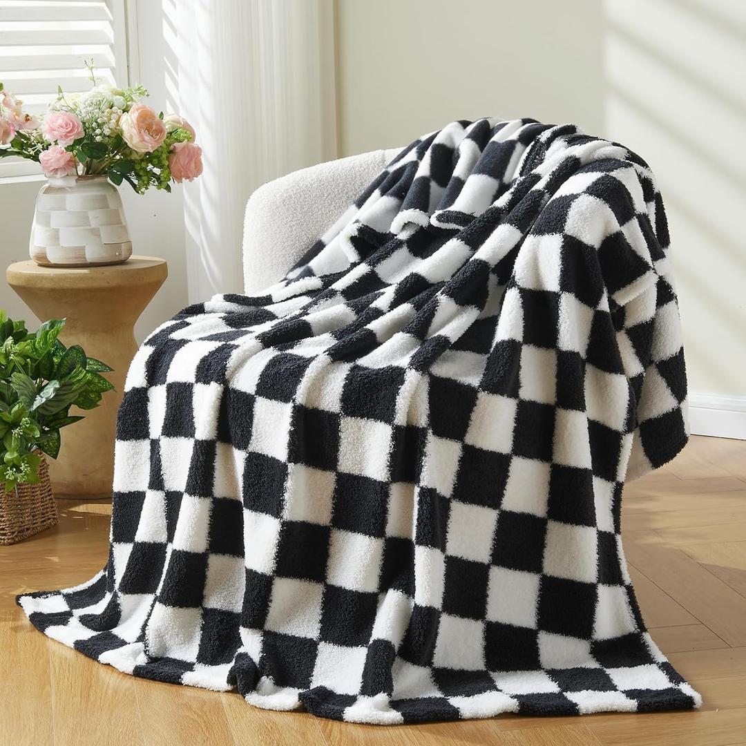 NEWCOSPLAY Knitted Black White Checkered Blanket Super Soft Plush Throw for Couch Fuzzy Fluffy Microfiber Lightweight Blanket for Bed Sofa All Season Use (Black White, Throw (50"x60")