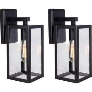 LIT-PaTH Outdoor Wall Lantern, Wall Sconce as Porch Lighting Fixture, E26 Medium Base Max 60W, Anti-Rust Metal with Glass Shade, Black, 2-Pack