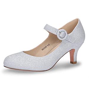 IDIFU Women's Jessy Dress Mary Jane Shoes Low Kitten Heels Closed Round Toe Office Work Wedding Pumps (Silver Shiny, 5.5 M US)