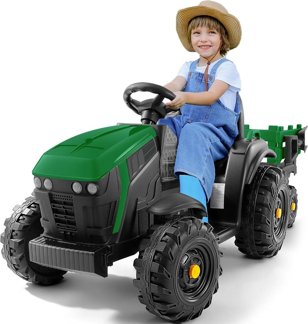 ELEMARA 24V 9AH Ride on Tractor with Easy Detachable Trailer, 400W Motors Electric Tractor Toy for Big Kids, All-Terrain Capability, Safety Design with 3-Point Seat Belt for Ages 3+, Green