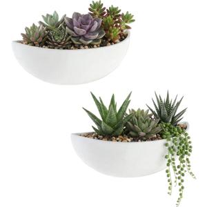 MyGift White Ceramic Wall Planters for Indoor Plants, Half Bowl Hanging Vase, Wall Mounted Succulent Planters, Set of 2