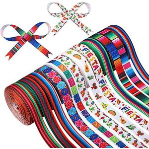 10 Rolls Fiesta Ribbon 3/8 Inch Mexican Serape Grosgrain Ribbons Colorful Stripes Pinata Cactus Guitar Decorative Ribbon for Cinco De Mayo Fiesta Party Mexican Theme Party Events, 60 Yards