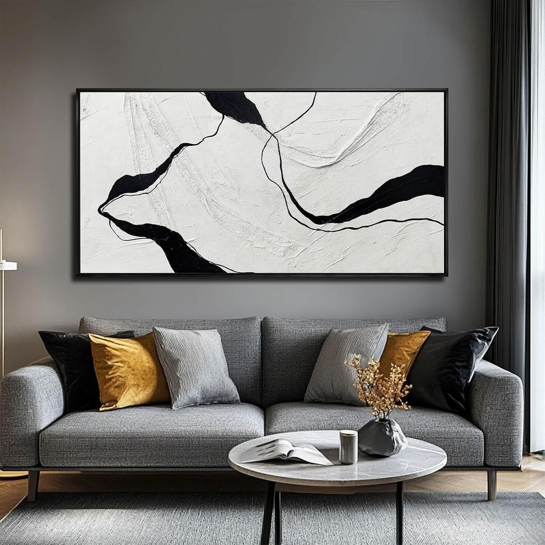 Framed Minimalist Wall Art 24"x48" Black and White Abstract Print Poster Line Canvas Modern Artwork for Living Room Bedroom Office Decor